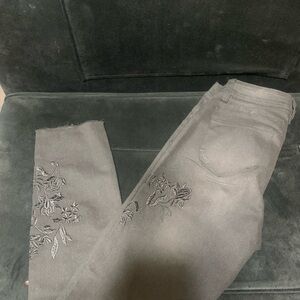 Black Skinny Jeans with Tonal Floral Embroidery